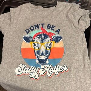 Gray Graphic Tee with Cow Print